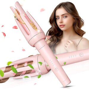 Safe Automatic Curling Iron - 4 Temp Options, Anti-Scald Design & Pink Elegance